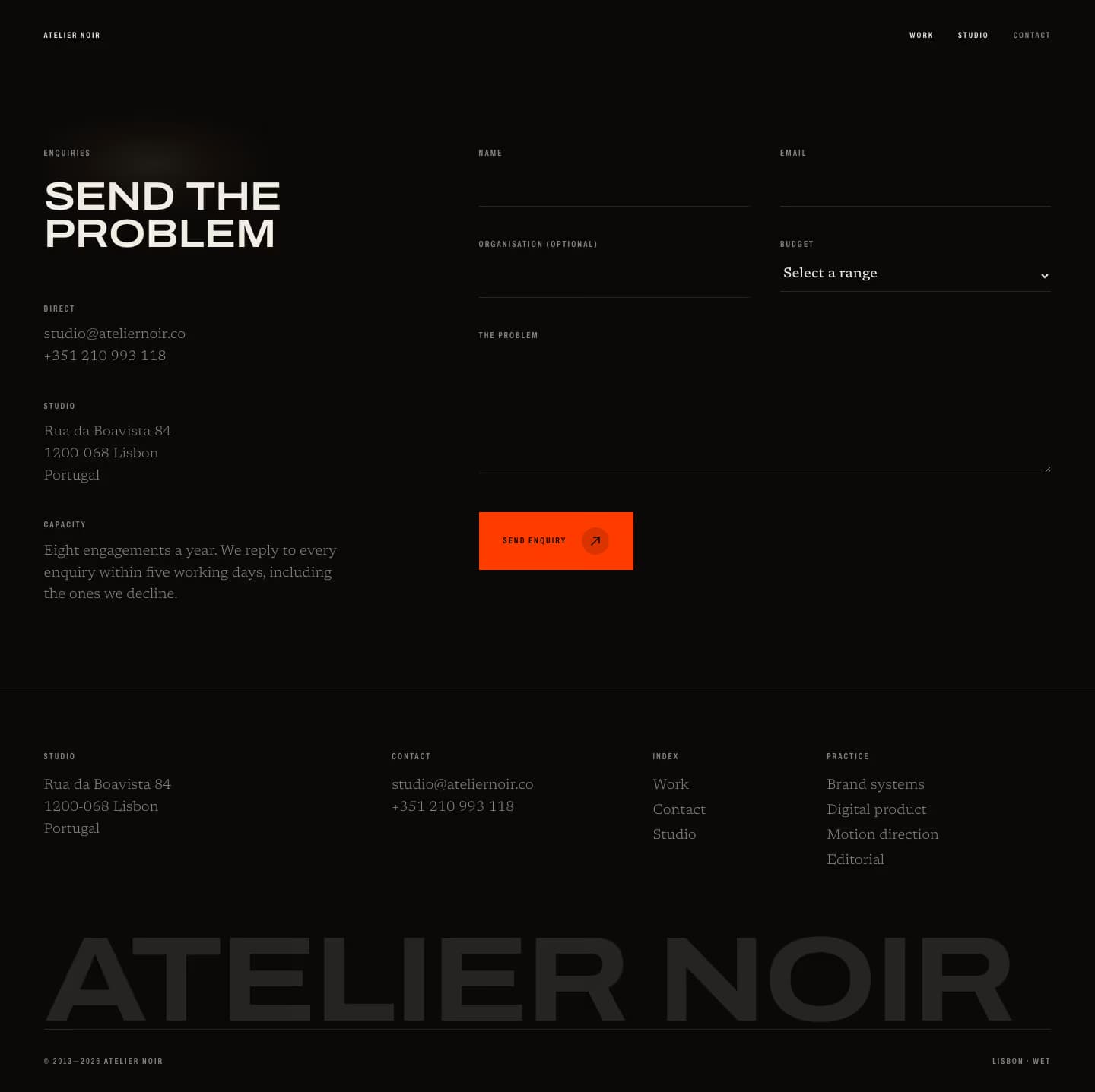 Atelier Noir — Contact sayfasının ekran görüntüsü