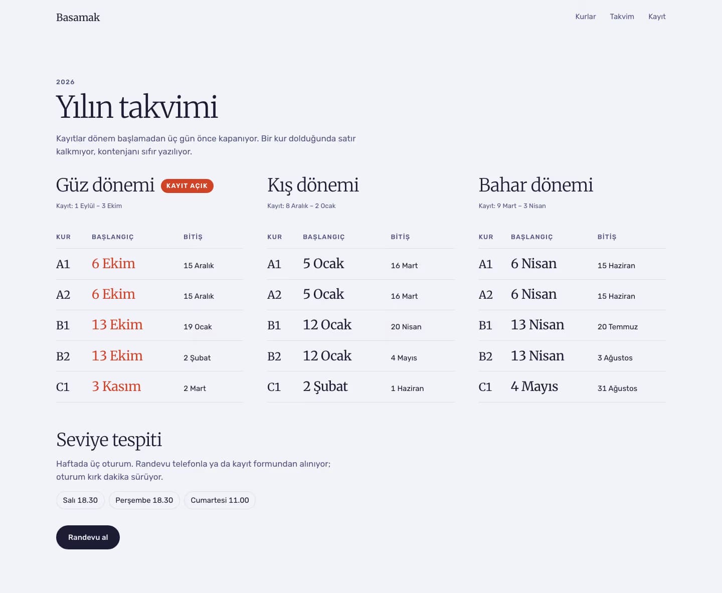 Dil Kursu — Basamak Dil Kursu — Takvim sayfasının ekran görüntüsü