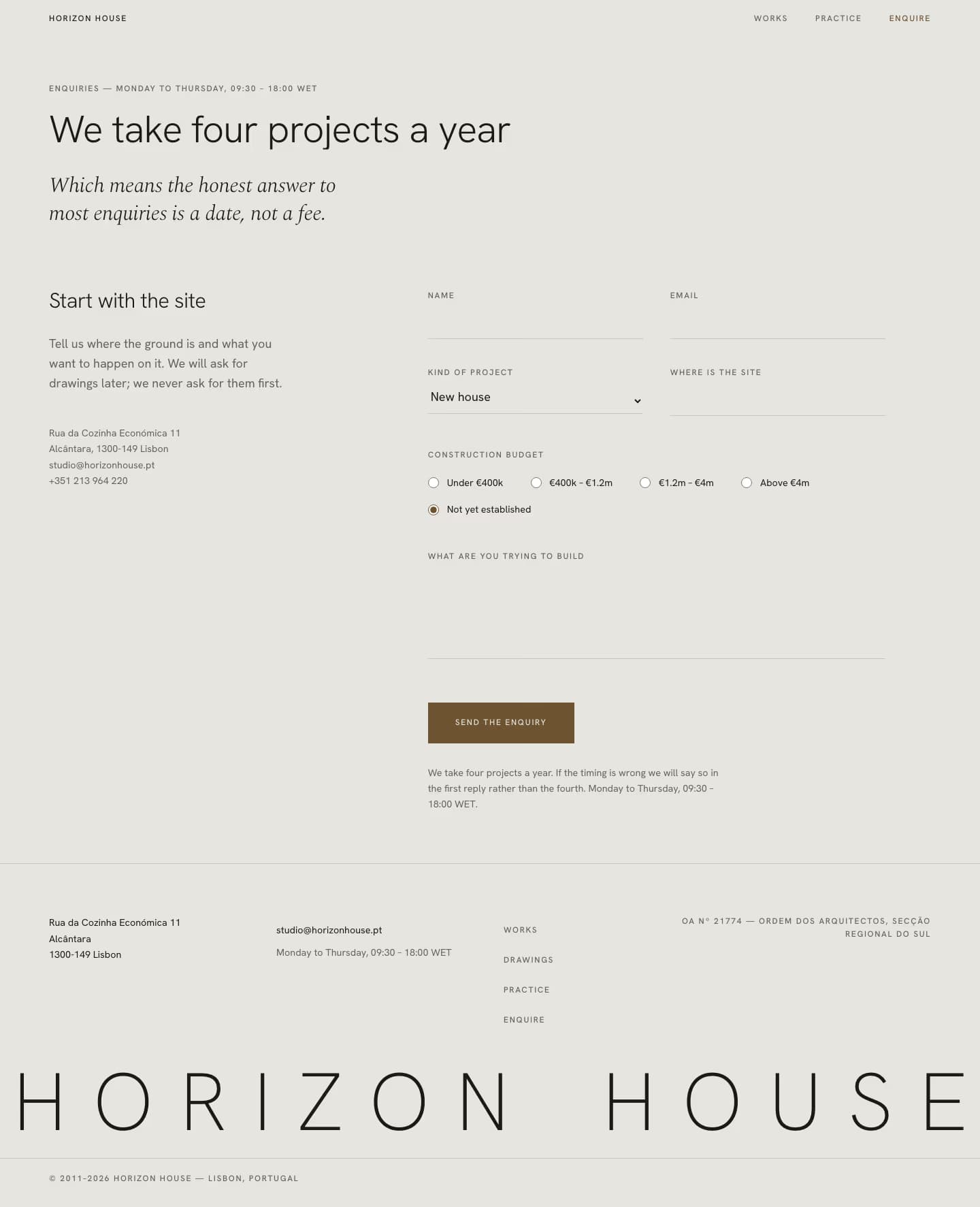 Horizon House — Enquire sayfasının ekran görüntüsü