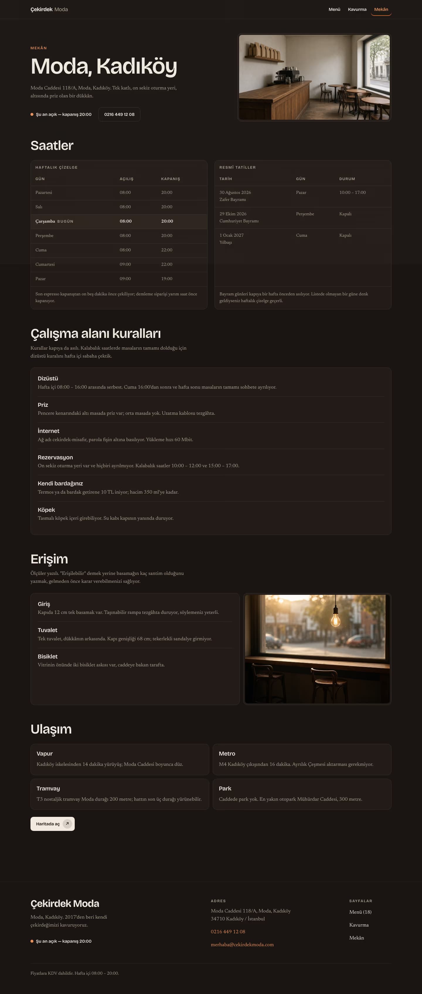 Kafe — Çekirdek Moda — Mekân sayfasının ekran görüntüsü