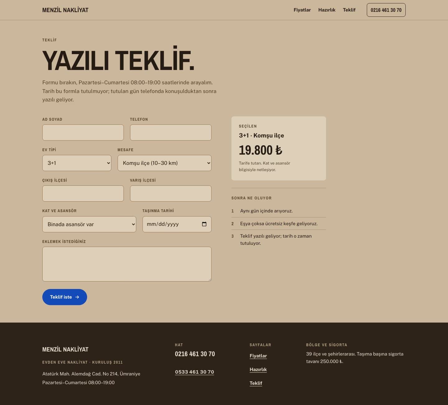 Nakliyat — Menzil Nakliyat — Teklif sayfasının ekran görüntüsü