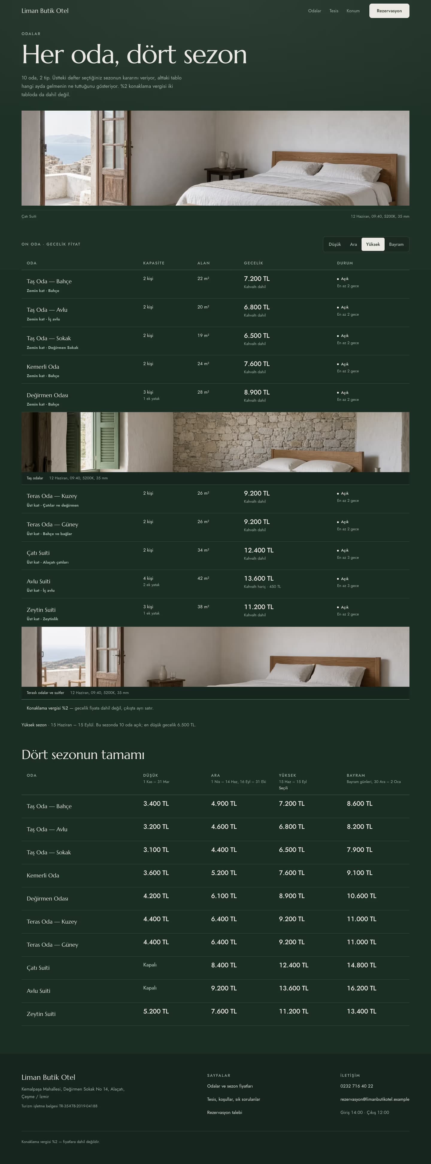 Otel — Liman Butik Otel — Odalar sayfasının ekran görüntüsü