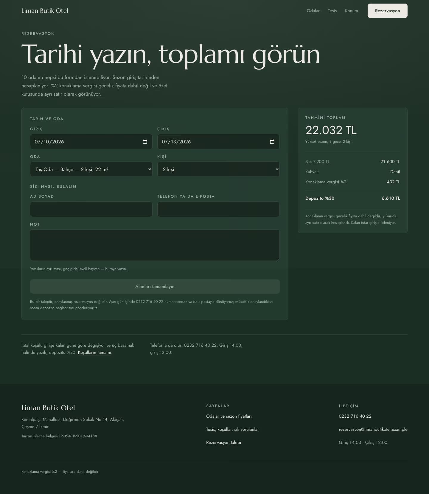 Otel — Liman Butik Otel — Rezervasyon sayfasının ekran görüntüsü