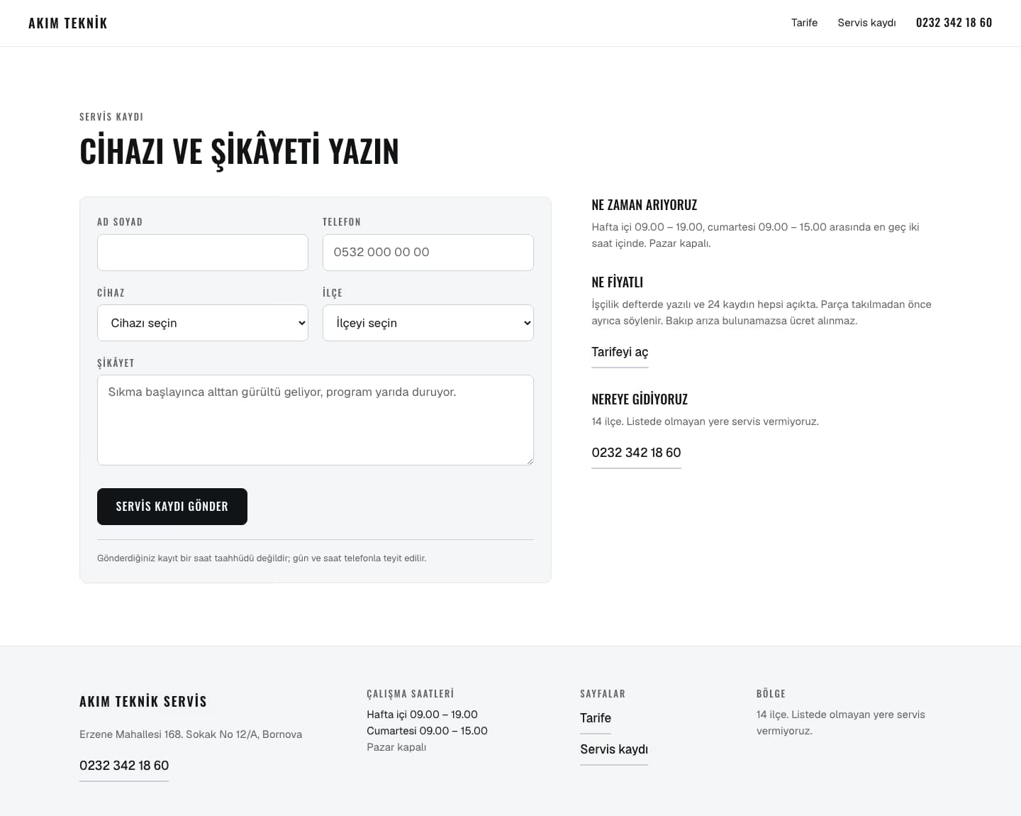 Akım Teknik Servis — Servis kaydı sayfasının ekran görüntüsü