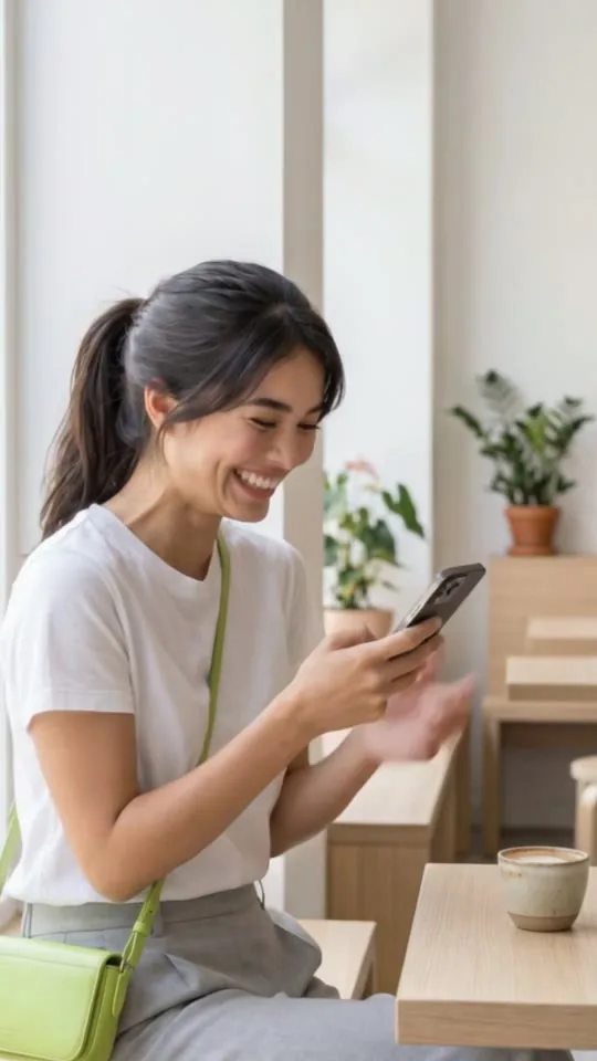 Kafede telefonuna gülümseyerek yazan kadın