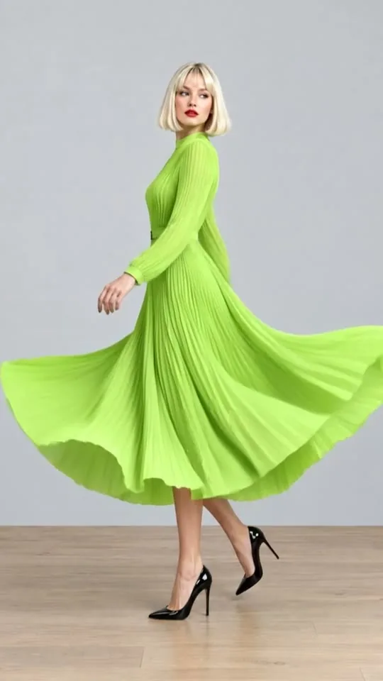 Lime pilili elbiseyle dönen kadın, ışıktan çıkan siyah stiletto