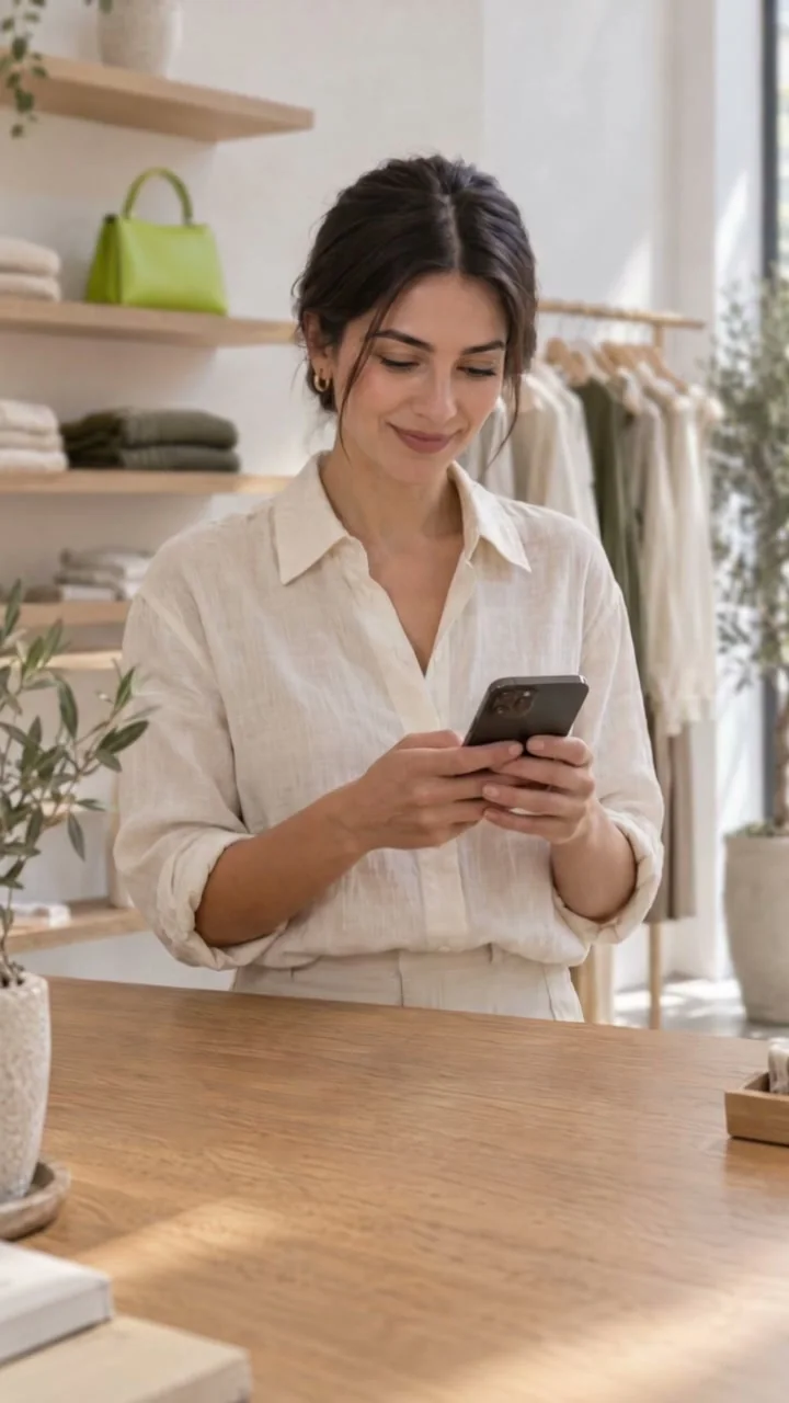 Butikte telefonuna gülümseyen keten gömlekli kadın, rafta lime çanta