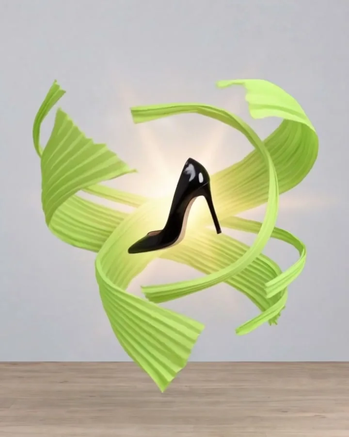 Lime kurdeleler arasında havada duran siyah stiletto