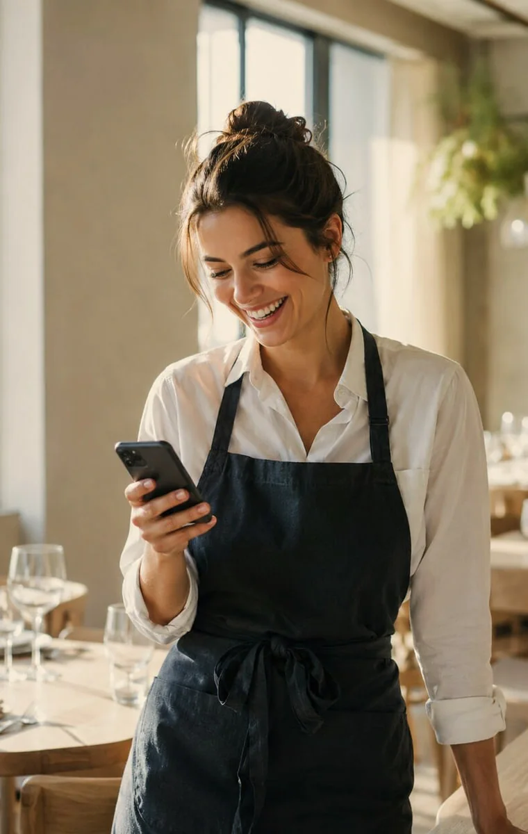 Kendi mekânında telefonuna bakıp gülümseyen işletme sahibi