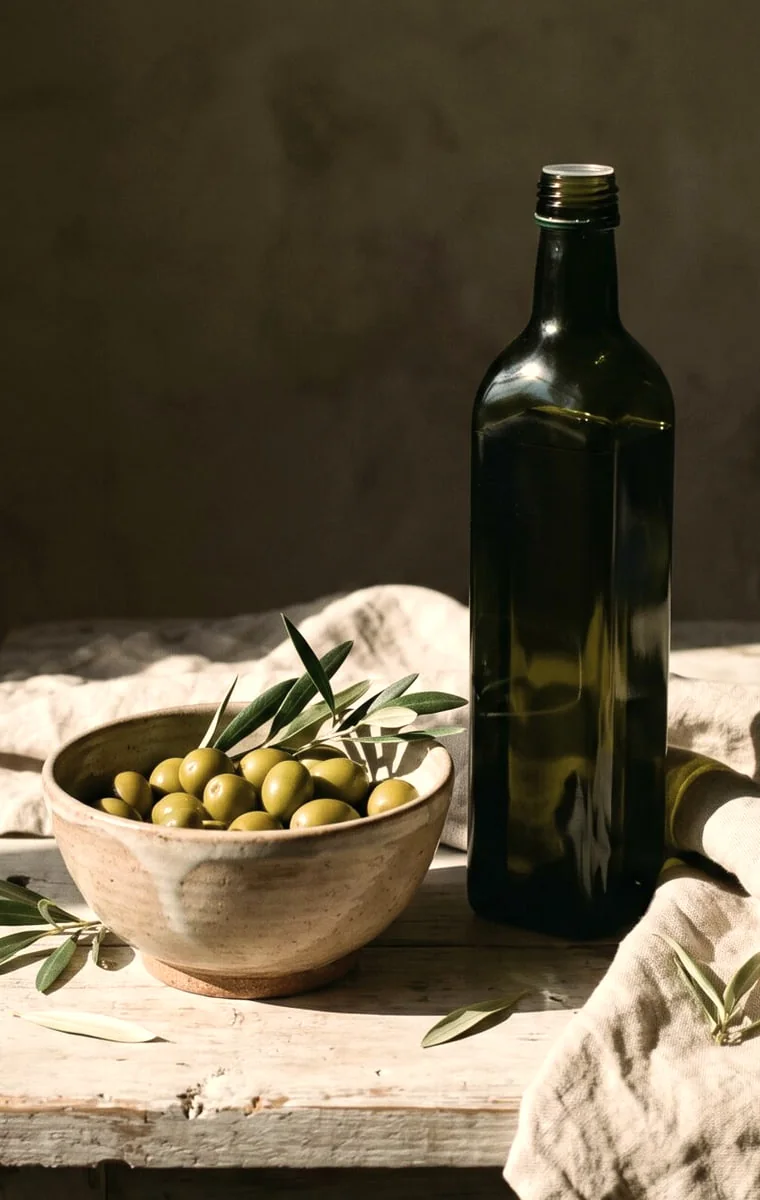 Ahşap tezgâhta zeytinyağı şişesi ve zeytin kâsesi