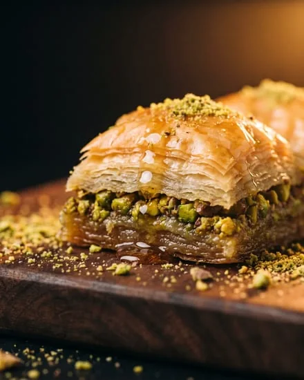 Koyu ahşapta fıstıklı baklava dilimi