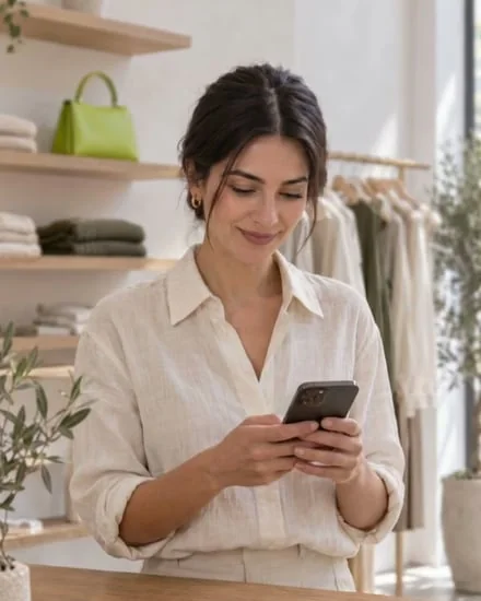 Kendi butiğinde telefonuna gülümseyen dükkân sahibi
