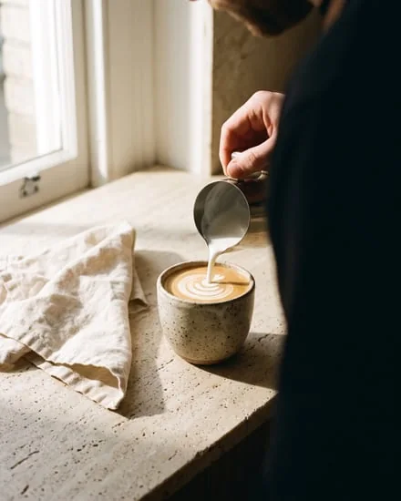 Traverten tezgâhta fincana süt döken barista eli