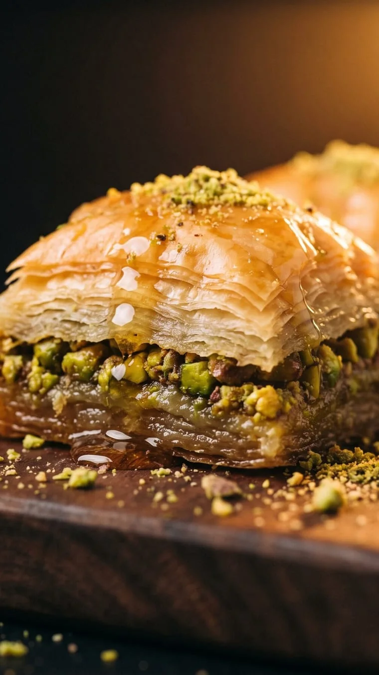 Ceviz tahtada fıstıklı baklava dilimi