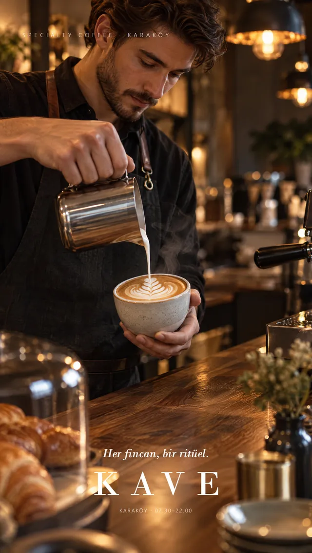 KAVE afişi: loş kafede fincana süt döken barista