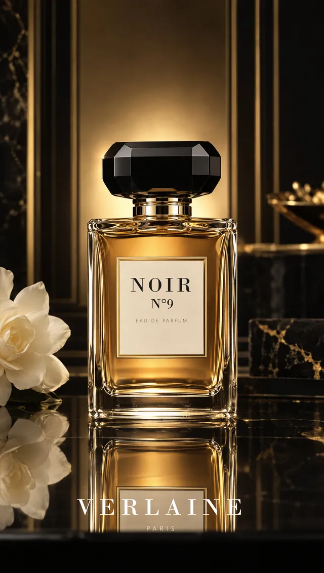 NOIR N°9 parfüm şişesi, siyah mermer ve beyaz gardenya