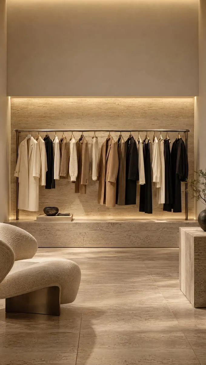 Askıda krem ve siyah kıyafetler, sade bir butik içi